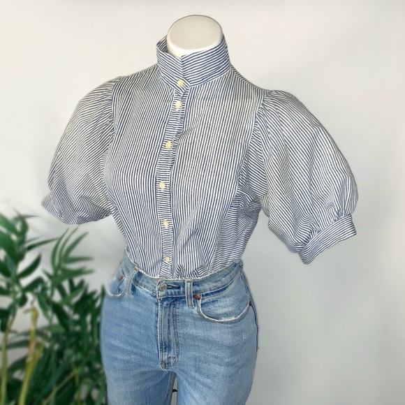 v i n t a g e :: Pinstripe Puff Ballon Sleeve Blouse